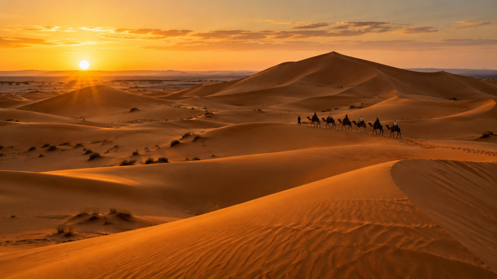 Erg Chebbi dunes and camel caravan near Merzouga