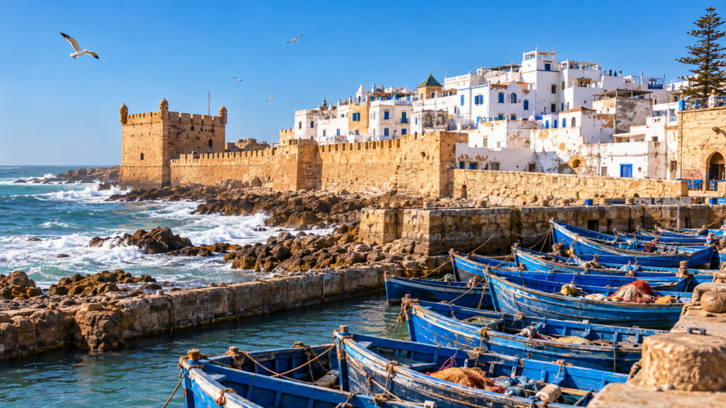 Essaouira ramparts and fishing boats, Morocco